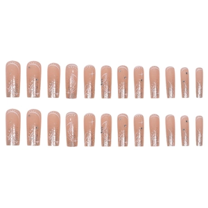 Long coffin press-on nails with butterfly gems, silver glitter gradient and nude base