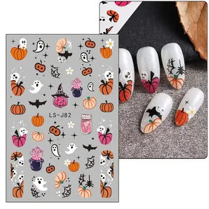 Detail of Halloween nail stickers LS-J82 with cartoon ghosts, pumpkins, and bats patterns