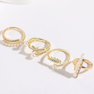 Freshwater Pearl Enamel Adjustable Open Ring Copper 14K Gold Plated Zircon Evil Eye Star Geometric Jewelry For Women
