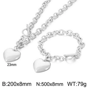 Polished silver heart pendant jewelry set with 8mm O-chain necklace and bracelet