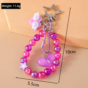 Detailed size view of purple heart beaded keychain with weight and dimension marks