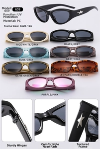 Detailed views of vintage cat eye sunglasses featuring durable PC frame and UV protection