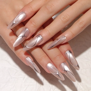 French Press On Nails Cat Eye Effect Liquid Metal 3D Relief Long Almond Shimmering Champagne Nude Elegant Manicure