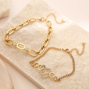 Women Heart Shaped Zircon Bracelet 18K Gold Plated Stainless Steel Geometric Hollow Adjustable Minimalist Jewelry