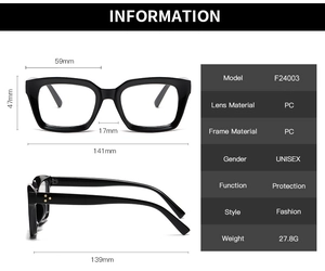 Detailed size specifications for large square frame spectacles with black PC frame