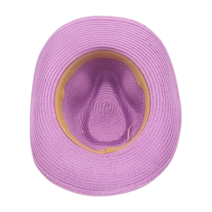 Detailed view of the purple woven straw cowboy hat inner sweatband and fiber texture