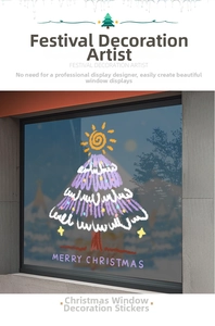 Detail of pink Christmas tree window decal with gold stars and Merry Christmas text
