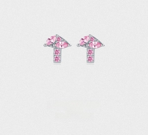 Macro shot of S925 sterling silver mini T-shaped stud earrings with pink cubic zirconia