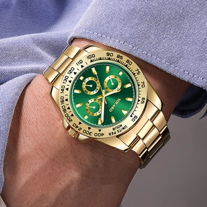 Men's gold steel watch with sunburst green dial and luminous quartz movement