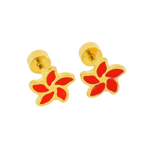 Macro shot of gold stainless steel flower earrings with red enamel and safety screw backs