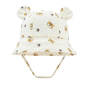 Detail of baby cotton bucket hat with cute 3D ears and cartoon tiger print textures