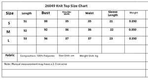 Detailed size guide for women's short sleeve knit top with measurements in centimeters