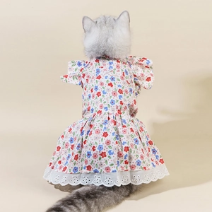Detailed back view of a floral pet dress featuring bubble sleeves and white lace hem
