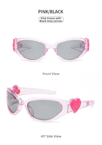 Pink heart-shaped Y2K sunglasses with jelly frames and grey lenses in two views