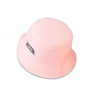 Pink cotton wide-brim bucket hat for kids with anime eyes patch and text print