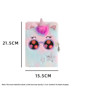 Detail view of the unicorn plush notebook featuring security lock and fuzzy texture