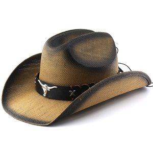 Western style hard straw cowboy hat with metallic bull logo and woven texture