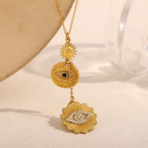 18K gold plated stainless steel necklace featuring sun and black stone eye fringe pendants
