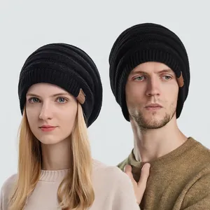 Unisex Knitted Beanie Hat Warm Acrylic Slouchy Winter Cap With Faux Leather Patch For Men Women Casual Style