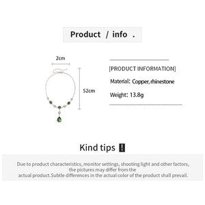 Detailed size chart of the vintage silver necklace with green waterdrop stone