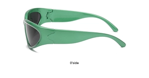 Side view of bright green aerodynamic cycling sunglasses with wide integrated temples