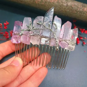 Handmade silver hair comb with raw purple and clear crystal clusters for women's hair styling