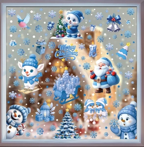 Blue Christmas window static stickers set featuring Santa, reindeer and snowflakes