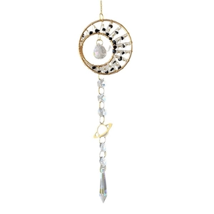 Handmade golden crescent moon suncatcher with crystal stones and hanging prism pendant