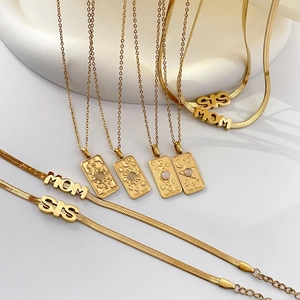 Gold Plated Stainless Steel Tarot Card Pendant Necklace For Women Snake Chain MOM SIS Letter Jewelry Bracelet Accessories