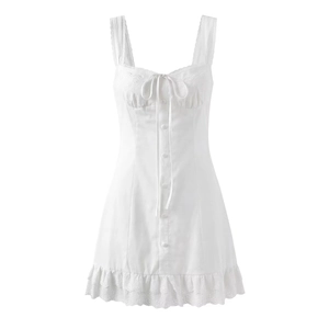 Elegant white sleeveless mini dress with intricate lace embroidery and tiered ruffle hem