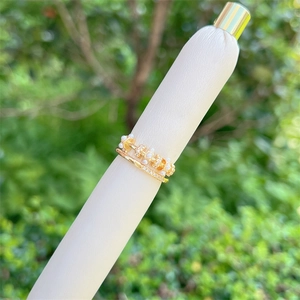18K gold plated double layer ring with pearls, crown design and zircon stones