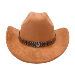 Detail of brown western cowboy hat with leather band and vintage metal buckle