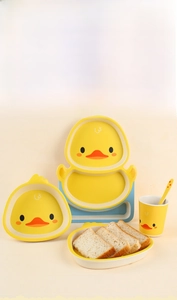 Bamboo fiber yellow duck children's tableware set with divided plate, bowl and cup