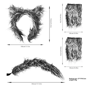 Detailed dimensions of wolf costume set featuring plush ears, cuffs and tail with measurements