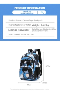 Detailed size and material specs for camouflage waterproof nylon backpack 33x20x47cm