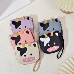 Cute cartoon cow PU leather coin purses in five colors with horns and hand straps