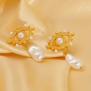 Evil Eye Artificial Baroque Pearl Drop Earrings 18K Gold Plated Stainless Steel French Vintage Geometric Jewelry For Women