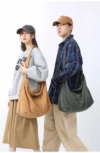 Corduroy tote bags in camel and dark green shown by models for daily casual styling