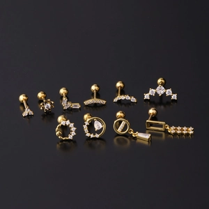 16G Gold stainless steel cartilage stud set with white zircon and screw ball back