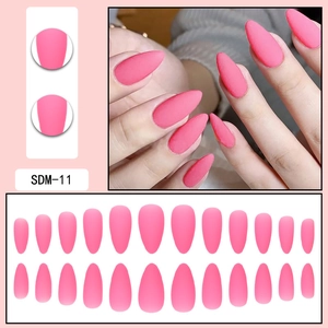 Matte pink almond press-on nails set SDM-11 with 24 pieces and detailed model view