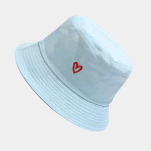 Light blue cotton bucket hat with red heart embroidery, stylish outdoor sun protection