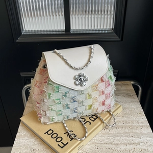 Women Mini Fashion Backpack Tweed Fabric PU Leather Flap Flower Buckle Metal Chain Strap Fringe Tassel Star Pattern Chic Travel