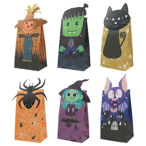 Halloween Party Gift Bags White Kraft Paper Food Packaging Bags Cartoon Frankenstein Bat Cat Pattern For Candy Treats