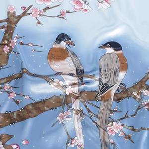 Satin printed square silk scarf featuring traditional bird and pink plum flower patterns