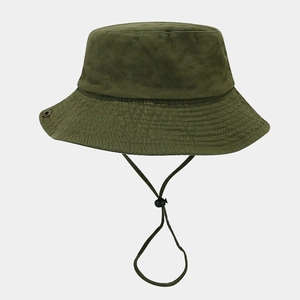 Olive green washed cotton bucket hat with adjustable chin strap and breathable eyelets