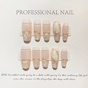 Long Trapezoid Press On Nails Pink White Marble Pattern Gold Wire Faux Pearl Elegant Fake Nails Women Daily Manicure Kit