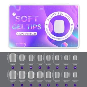 Detailed size chart for extra short matte soft gel nail tips showing width and length