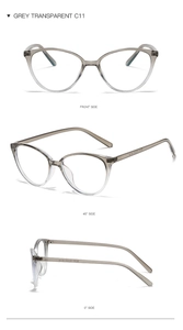 Multiple views of grey transparent cat eye glasses frame with metal hinge details