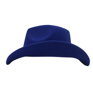 Detail of royal blue felt cowboy hat featuring a wide brim and classic top indentation