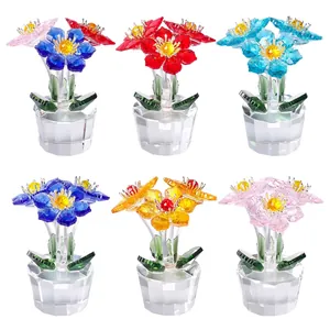 Set of colorful faceted crystal flower ornaments with glass base for home desktop decor